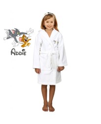 Mouse & Cat Cartoon Design & Custom Name Embroidery on Kids Hooded Bathrobe